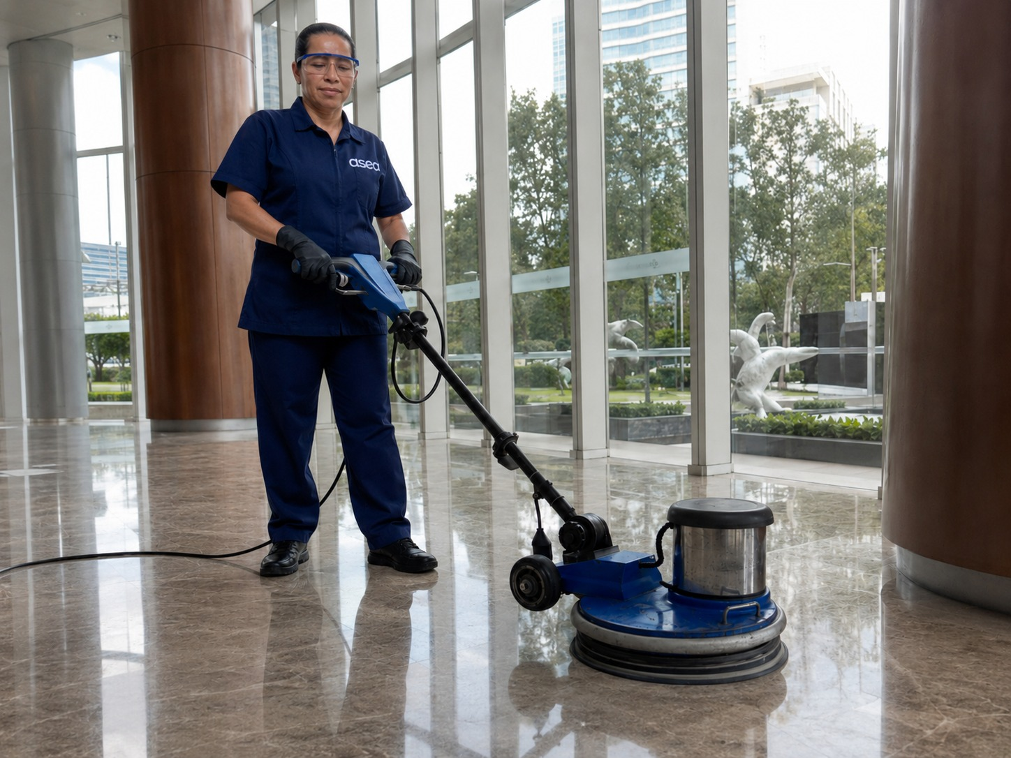 Asistente de asea puliendo piso en lobby