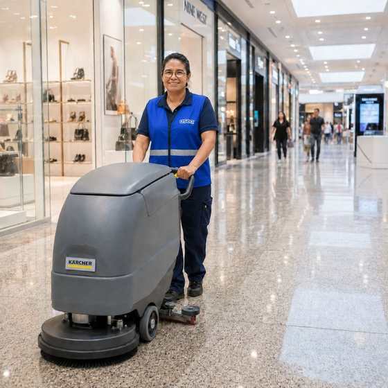 Asistente de asea operando restregadora en plaza